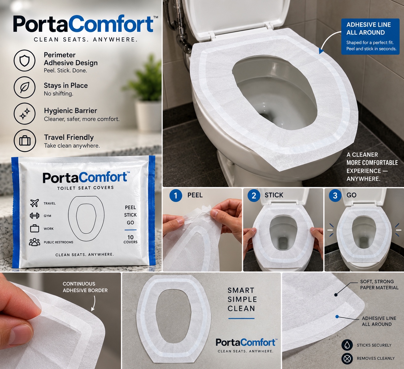 PortaComfort white and blue toilet seat cover pouch